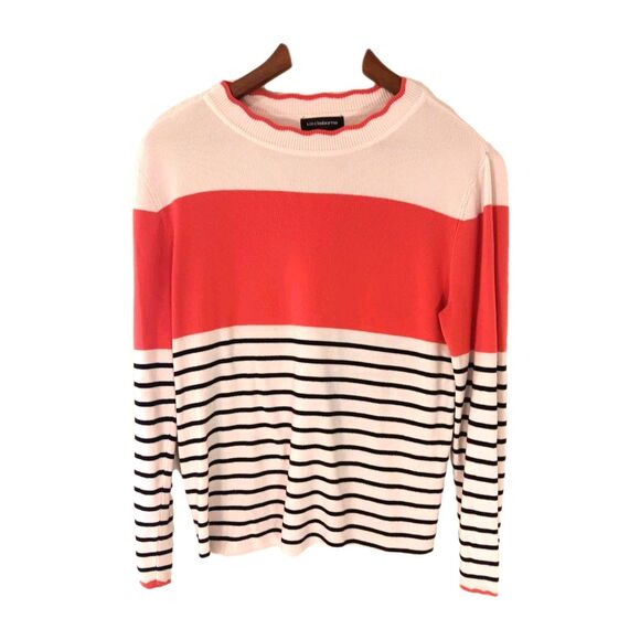Liz Claiborne Sweaters - Liz Claiborne Career Striped Colorblock Sweater XL Coral White Navy Ribbed Crew
